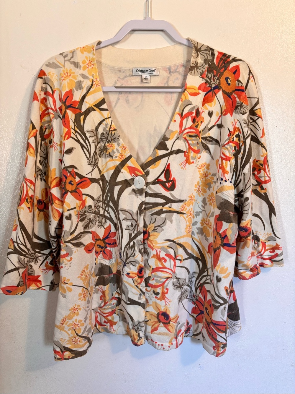 Coldwater Creek Cream Floral Button-Front V-Neck Sweater
